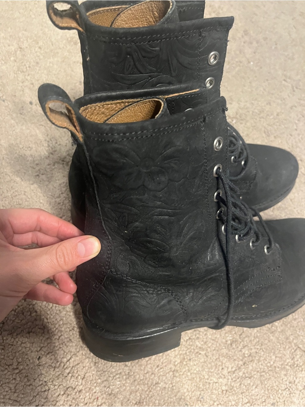 Frye Black Embroidered Leather Lace-Up Ankle Boots